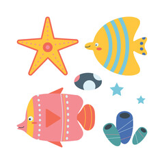 Set of marine elements of fish, shells, seaweed, starfish in flat cartoon style.
