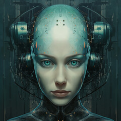 close up of an artificial intelligence face, like a human ,generative AI