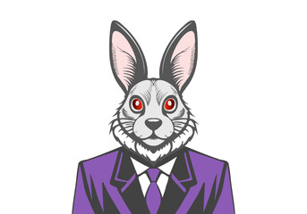 Vector funny cartoon portrait of a cute rabbit with red eyes in a purple suit with a tie. White isolated background.