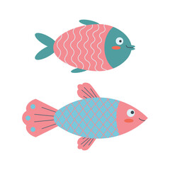 Set of marine fish elements in flat cartoon style.
