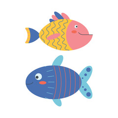 Set of marine fish elements in flat cartoon style.