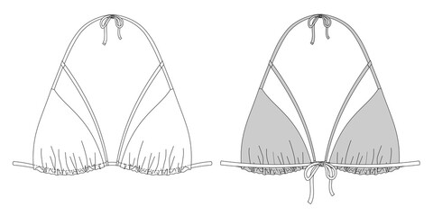 Woman triangle bikini technical drawing, template, sketch, flat, mock up. Recycled fabric swimwear front and back view, white color