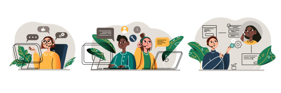 Set of different employees working in call center. Ladies with headphones working on computers, talking with clients, giving technical support. Online help for costumers concept. Flat vector