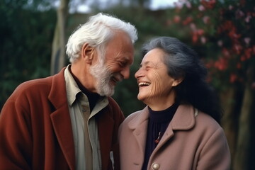 Smiling older couple hugging and kissing. Happy senior adult classy husband and wife embracing, bonding, and enjoying each other