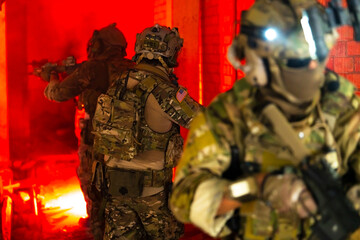 Army elite troops marksman, special operations forces sniper wearing mask and glasses, night-vision...