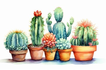 Cactus in pots in the style of watercolor painting, sharp/prickly, on a white background. Generative AI.