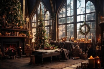Fototapeta na wymiar Hyper realistic AI of an bohemian eclectic interior with Christmas decorations. High quality AI. Generative AI