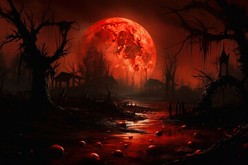 sinister halloween night scene with a red moon, blood river and creepy trees, Generative AI