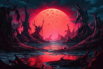 huge glowing red moon in a creepy halloween setting with horror trees, Generative AI