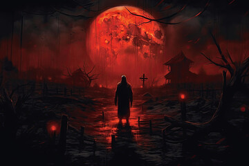 silhouette of a man standing in a sinister horror scene at night, halloween art, Generative AI