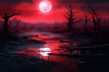 beautiful red moon with a reflection in the river, creepy trees, halloween, Generative AI
