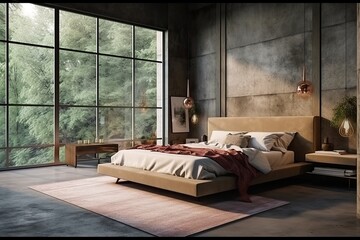 Bed and cushions in close proximity to window in dark bedroom interior. carpet covering a concrete floor, decorated coffee tables. mock-up gallery art reproduction space in a bedroom, Generative AI