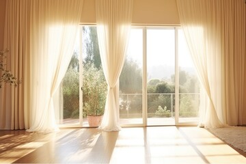 Fototapeta na wymiar Light drapes or blinds let in the lovely sunlight and the vista outdoors. Generative AI