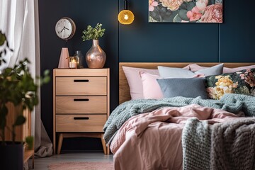 A wooden bedside table and bed with pillows and blankets are next to a floral picture in a frame. There is also copy space on the wall. Generative AI