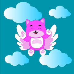 pink angel cat flies in the clouds