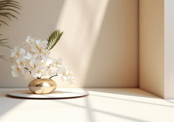 Minimalist light Beige wall display with white flower in golden vase for E-commerce, Retail, Online Shop, Product Photography, Beauty, Cosmetics, Fashion,  showcase for advertisement, generative ai	