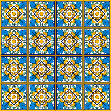 Piastrelle azzurre e giallo-arancioni