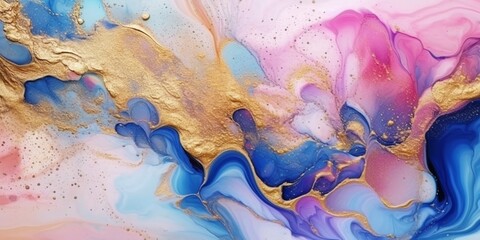 Abstract blue and pink marble texture with gold splashes, blue luxury background, Natural luxury abstract fluid art watercolor in alcohol ink technique, Generative AI