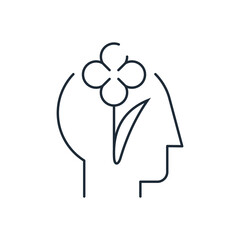 Human head with a growing flower. Rational, creative thinking. Vector linear icon isolated on white background.