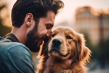 Portrait of a handsome young man sitting outdoors and hugging his beautiful golden retriever looking very happy