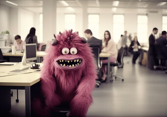 Cute pink ruffled monster with big bulging eyes in office. Fatigue at work. Generative AI.