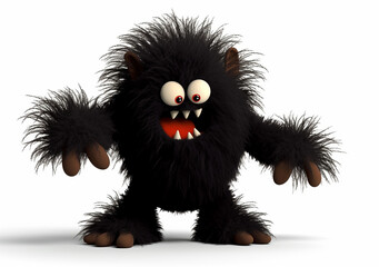 Fototapeta premium A cute black ruffled monster with fluffy fur and big bulging eyes. Generative AI.