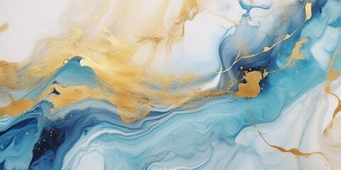 Abstract blue and gold marble texture with gold splashes, blue luxury background, Natural luxury abstract fluid art watercolor in alcohol ink technique, Generative AI