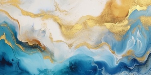 Fototapeta premium Abstract blue and gold marble texture with gold splashes, blue luxury background, Natural luxury abstract fluid art watercolor in alcohol ink technique, Generative AI