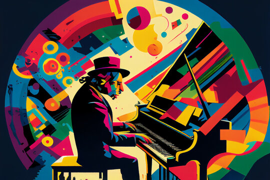 Afro-American male jazz musician pianist playing a piano in an abstract cubist style painting for a poster or flyer, computer Generative AI stock illustration image