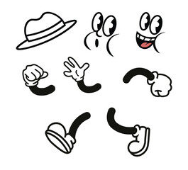 Vintage Rubber Hose Cartoon Mascot Body Parts Vector Set