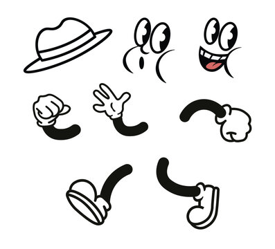 Vintage cartoon limbs set: legs, arms, faces and a hat. Comic funny 1930's mascot body parts, vector