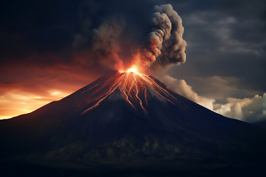 Volcano eruption creating an explosive mix of volcanic ash and molten rock lava from its crater which will lead to an erupting pyroclastic flow, computer Generative AI stock illustration image