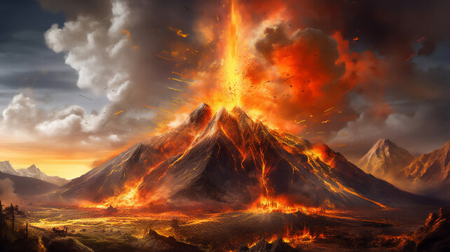 Volcano eruption creating an explosive mix of volcanic ash and molten rock lava from its crater which will lead to an erupting pyroclastic flow, computer Generative AI stock illustration image
