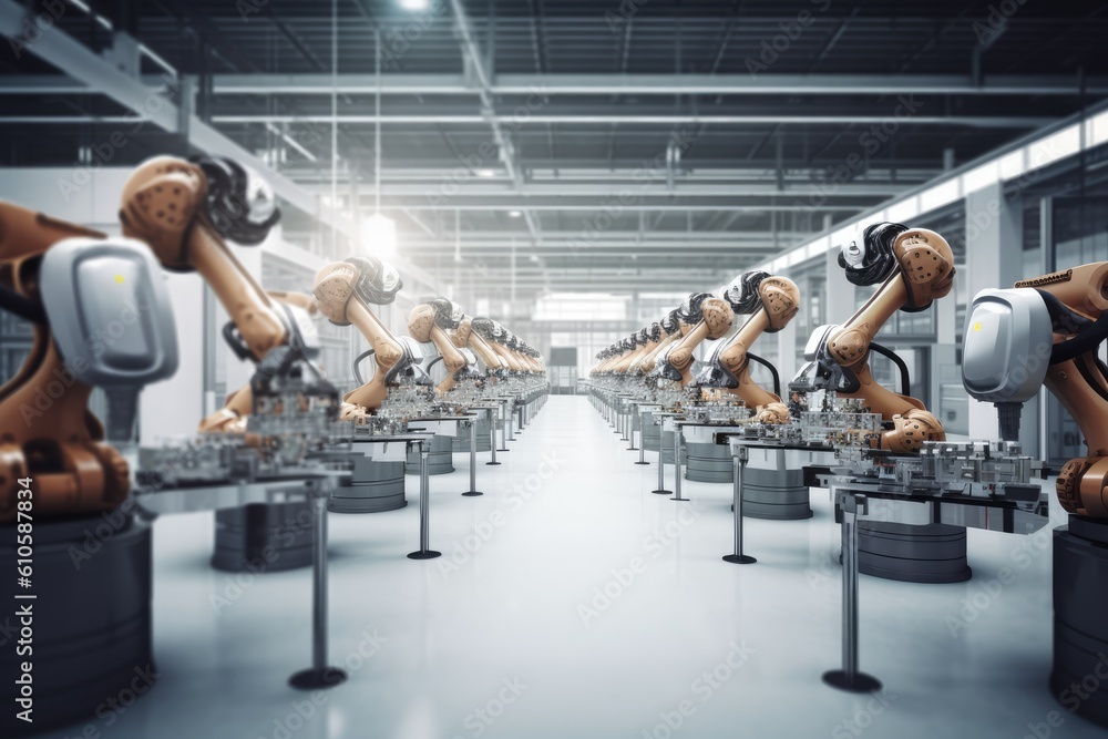 Poster group of robots working together in a factory. generative ai