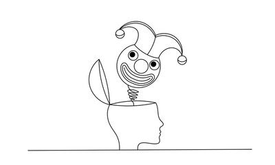 A buffoon jumps out of a human head. Outline vector minimalistic illustration. - obrazy, fototapety, plakaty