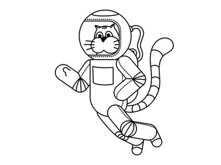 The astronaut cat soars in the airless space of space and waves his hand. Colorless outline illustration or coloring book for children.