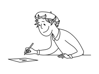 A character in a beret writes on a piece of paper. Vector outline doodle illustration.