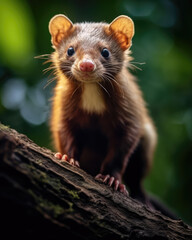 Generative ai illustration of a Marten, climbing a pine tree trunk, making eye contact.