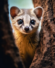 Fototapeta premium Generative ai illustration of a Marten, climbing a pine tree trunk, making eye contact.