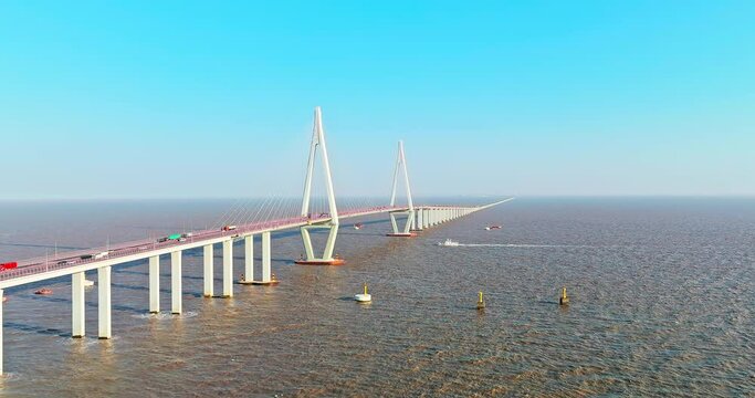 Aerial view of Hangzhou Bay Bridge scenery in Jiaxing, Zhejiang Province, China. The total length of the bridge is 36 kilometers. The design speed is 100 kilometers per hour. 