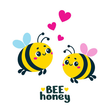 A couple of cute cartoon bees in love. Summer vector illustration for children with text