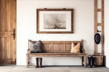 farmhouse's front door. White wall and wooden bench nearby. Mockup of a frame Two square wooden frames hang on the wall. Generative AI