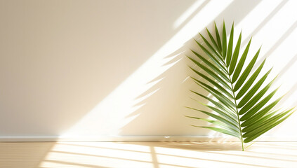 Palm leaves standing again wall with natural light shine up on for E-commerce, Retail, Online Shop, Product Photography, Beauty, Cosmetics, Fashion, showcase for advertisement, generative ai