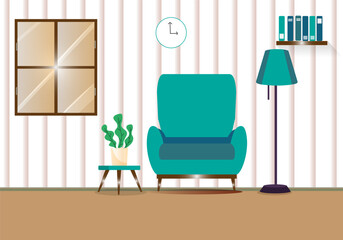 room background with a chair , table , lamp , clock , shelf, books , window