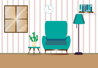 Fototapeta premium room background with a chair , table , lamp , clock , shelf, books , window