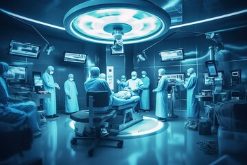 Modern surgery taking place in a modern surgical room - three surgeons of different races bend over covered patient, nurses are seen in the background. Generative AI.