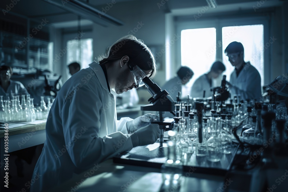 Poster team of scientists working in a laboratory, carefully conducting experiments and analyzing data. gen