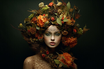 Fashion portrait of beautiful young woman with a wreath of flowers in her hair,  green background.  Beauty. Girl with Fashionable creative makeup and hairstyle.  Art portrait. Face Art. AI generated
