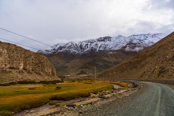 Snow covered mountains, cloudy sky, beautiful mountain landscape