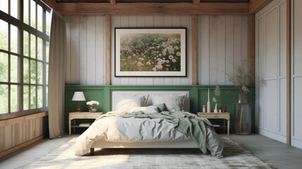 Mock-up of a frame in a farmhouse bedroom, Generative AI